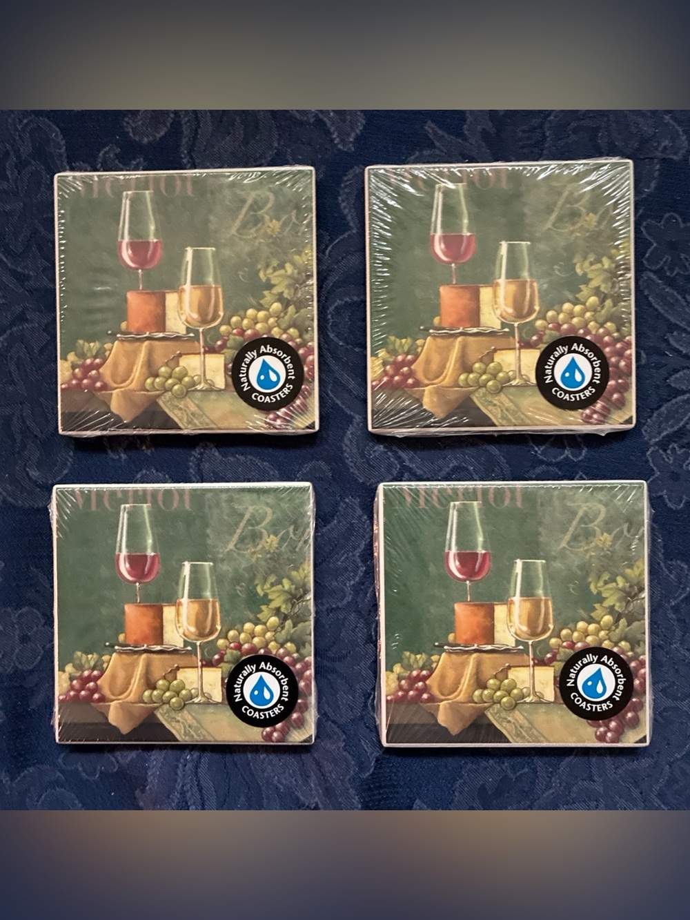 New & Sealed Set of 4 Janet Stever "Bordeaux" Naturally Absorbent Wine Coasters